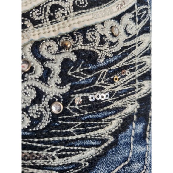 (2) Rockin Denim Jeans Womens (6) Bootcut Stretch Cowgirl Wing Embroidery Bling - Picture 15 of 15